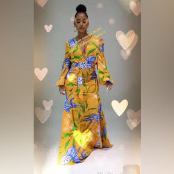 NWT THE SANG Tropical Floral Maxi Dress Plunge Neck Long Sleeve Vacation S - Picture 2 of 7